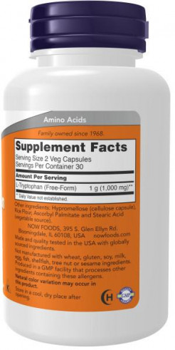 NOW L-Tryptophan 500 mg, L-Триптофан 500 мг, 60 капсул