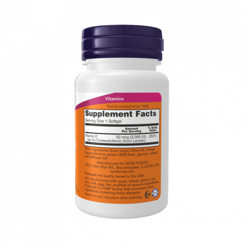 NOW Витамин D-3 2000 МЕ, 120 капсул